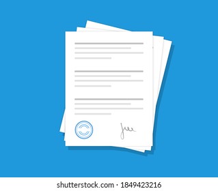 Documentos con sello y texto. Contrato y contrato con firma. Pila de documentos de negocios.