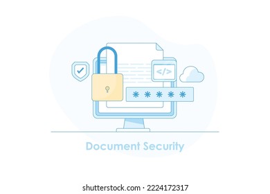 Documents storage on secure cloud server, Documents safety, Data protection, Cyber security technology - flat line vector illustration