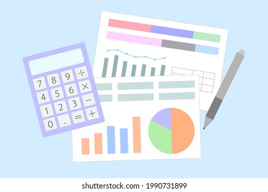 Documents with tables and graphs. Vector illustrations.
