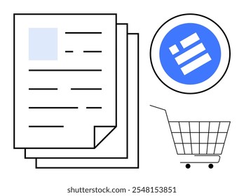 Documentos con bloques de texto junto a un gráfico circular azul y un Carrito de compras. Ideal para negocios, finanzas, comercio electrónico, compras en línea y análisis de datos. Estilo limpio, moderno y plano