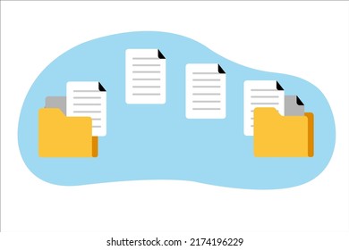 documents Transferring. Transferring documents to another folder. backup data concept. Folders with documents flying isolated on blue background. vector flat design illustration.