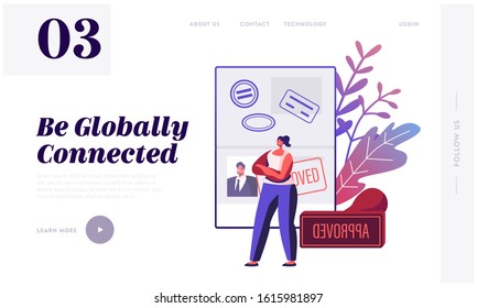 Documents for Travel Website Landing Page. Woman Stand near Rubber Seal Stamp and Huge Open Foreign Passport with Approved Visa on Page with Man Photo Web Page Banner. Cartoon Flat Vector Illustration
