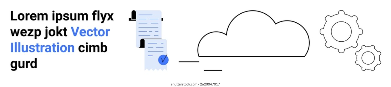Documentos com perfis de usuário vinculam-se a uma nuvem e engrenagens. Ideal para tecnologia, armazenamento em nuvem, transformação digital, gerenciamento de dados, automação, integração de software e interação com o usuário. Página inicial