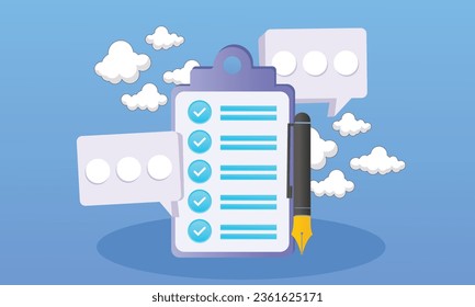 Documents written in pencil survey check mark questionnaire page paper checklist.on blue background.Vector Design Illustration.