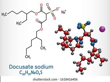 Docusate, dioctyl sulfosuccinate, docusate sodium, C20H37NaO7S molecule, is a stool softener for the treatment of constipation as a common laxative. Structural chemical formula and molecule model. 