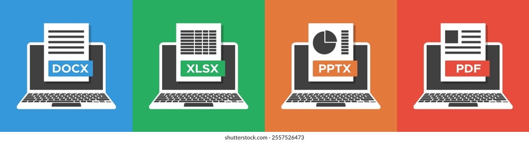 docx xlsx pptx pdf document on laptop screen, online archive or electronic document management flat vector illustration