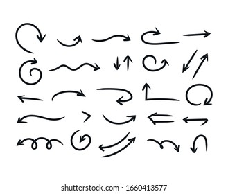 Conjunto de flecha de punto, colección de flechas dibujadas a mano, conjunto vectorial.