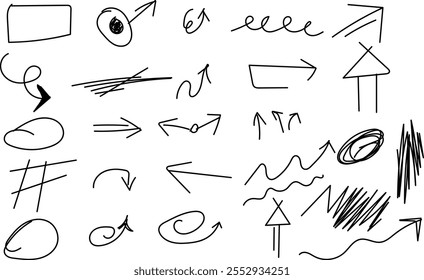 Conjunto de flechas Doddle, colección de flechas dibujadas a mano, Vector eps10 conjunto.