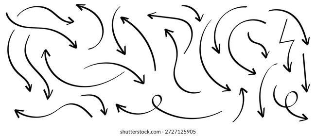 Pfeilsatz, Sammlung von handgezeichneten Pfeilen, Pfeilmarkensymbole.  Pfeilsatz mit gebogenen, geraden, gepunkteten und verwirbelten Pfeilen. Pfeilvektor für kreatives Design. 