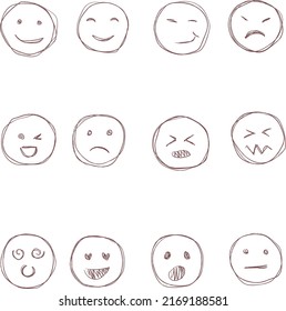 Esbozo de emoticones de Doddle. Iconos delgados de la triste cara feliz. Ilustración vectorial. Rostros de emojis dibujados a mano.