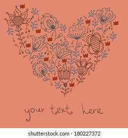 Doddle floral and crowns heart shape with empty space for your text, greeting card or wedding invitation design