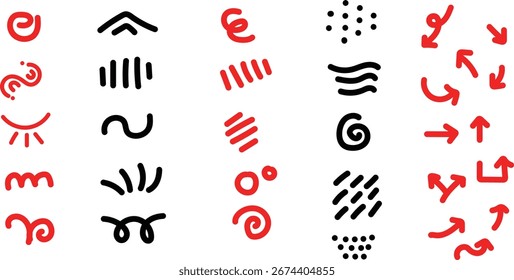 Conjunto de diseño de líneas de doddle, Conjunto de colección de garabatos, Pequeño diseño para puntos y líneas de fondo, elemento de diseño curvo, Pequeño conjunto de flechas. 