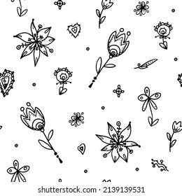  Doddles. Seamless vector pattern -  Outlines Boho decorative hearts and flowers - simple dark lines on white background.