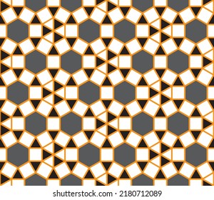 Dodecagons and hexagons in a contemporary mosaic tile repeating tessellation pattern in black, white and gray with orange color outline, geometric vector design