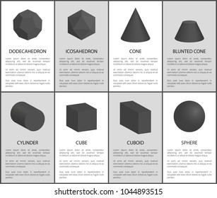 Dodecahedron and icosahedron, black prisms set, vector illustration, blunted cone and cylinder, cube and cuboid, sphere and cone, geometric figures