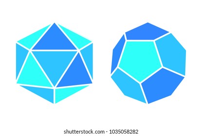 Dodecahedron and icosahedron blue complicated geometric figures. Three-dimensional shape composed of small pentagon isolated vector illustrations