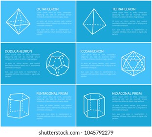 Dodecahedron and octahedron, pentagonal and hexagonal prisms, tetrahedron and icosahedron set, with text sample vector illustration isolated on blue