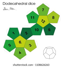 Dodecahedron template, dodecahedral dice - one of the five platonic solids - make a 3d item with twelve sides out of the net and play dice. Illustration on white background. svg