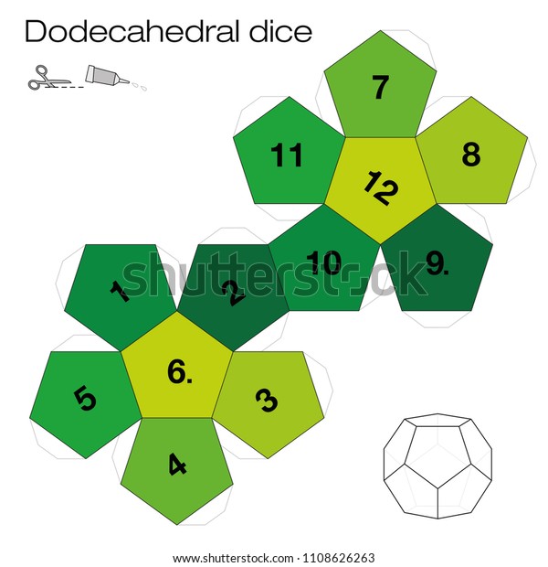 Dodecahedron template,\
dodecahedral dice - one of the five platonic solids - make a 3d\
item with twelve sides out of the net and play dice. Illustration\
on white\
background.