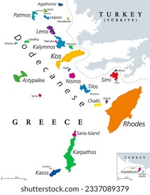 Dodecanese islands, colored political map. Greek island group in the southeastern Aegean Sea and Eastern Mediterranean off the coast of Turkey. Rhodes is the most dominant island since the antiquity.