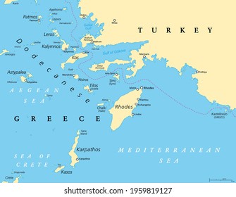 Dodecanese, political map. Group of Greek islands in the southeastern Aegean Sea and Eastern Mediterranean, off the coast of Turkey. Rhodes is the dominant island since antiquity. Illustration. Vector