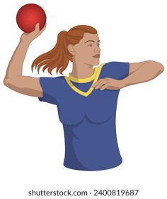 dodgeball, female player aiming ball to throw at opponent isolated on a white background