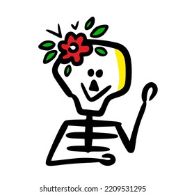 Dodle hand drawn female skull with flowers on the head. Vector cute illustration for funny halloween.