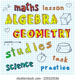 dodle word math algebra, mathematics, geometry drawing by hand