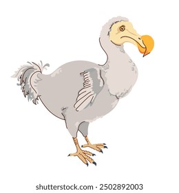 Dodo bird cartoon character. Endemic species of flightless bird raphus cucullatus that lived in Mauritius. Isolated vector illustration of extinct grey bird known for its large size, good nature.