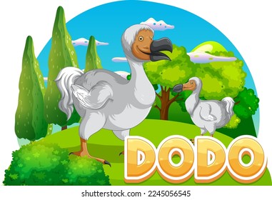 Dodo bird extinction animal cartoon logo in nature illustration