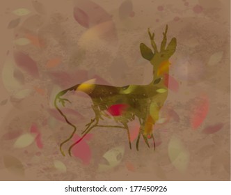Doe in autumn leaves / Silhouette of wild animal   