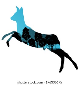 Doe venison deer animal silhouette in wild nature forest landscape abstract background illustration vector