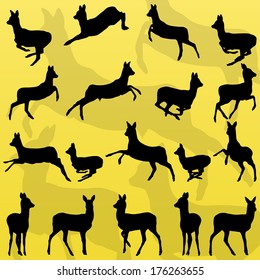 Doe venison deer wild forest animals silhouettes illustration collection background vector