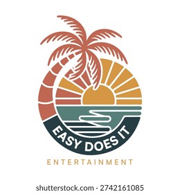 “Easy Does It Entertainment” ka logo ek tropical sunset theme par based hai. Is mein ek stylized palm tree, rising sun aur water waves dikhaye gaye hain jo relaxation, creativity aur smooth entertainment experience ko represent karte hain. Earthy tones (terracotta, mustard yellow, teal green) use kiye gaye hain jo warm, calm aur natural vibe create karte hain. Circular badge style design brand ko compact, professional aur memorable banata hai.