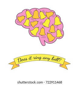 Does it ring any bell idiom concept. Stock vector illustration of a human brain with many bells ringing inside. Psychology illustration for stress, memory disorder, alzheimer disease.