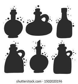 Dofferent oil bottles grunge style set. Vintage glass silhouette collection with splattered ink drops effect. Kitchen, menu, poster design element