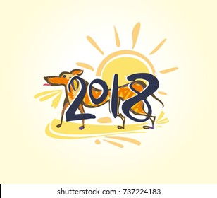Dog 2018. Painted yellow dog figures of the year and sun conceptual illustration on the Chinese calendar.