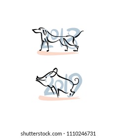 Dog 2018. Pig 2019. Painted Symbols of the years on the Chinese calendar. Vector template handwritten figures. 