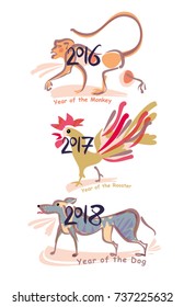Dog 2018. Rooster 2017. Monkey 2016. Painted Symbols of the years on the Chinese calendar. Vector template handwritten figures. 