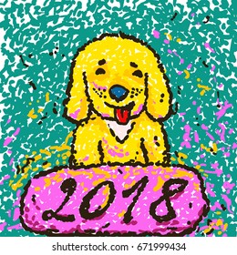 Dog with 2018 sign hand drawn of dots and particles in cartoon style, Symbol of new year, Vector illustration