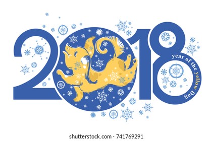 Dog 2018 symbol on the Chinese calendar. Cute puppy catches snowflakes. Year of the Yellow Dog. Vector template for New Year's design. 