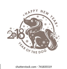 Dog 2018 symbol on the Chinese calendar. Silhouette of lap dog and snowflakes in a round template. Vector element for New Year's design.