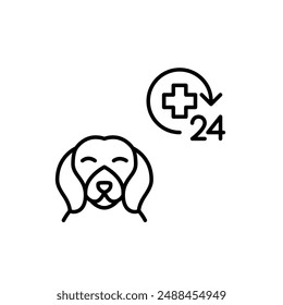 Dog and 24 hour medical cross. Continuous veterinary care. Health insurance. Pixel perfect vector icon