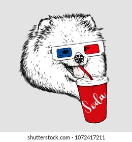 A dog in 3d glasses and a cap, with a glass of soda. Purebred puppy. Vector illustration.
