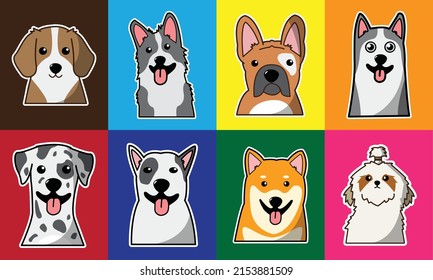 Dog 8 style collection character funny dog smile cartoon puppy, collie dog , bull terrier, dalmatian, french bulldog, beagle, shih tzu, shiba, Siberian husky