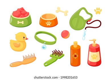 Dog accessories with collar, bowls, duck, combs, shampoo and leash. Puppy stuff for grooming, feeding and games. Vector illustration in cute comic style