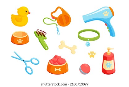 Dog accessories with collar, bowls, duck, combs, shampoo and leash. Puppy stuff for grooming, feeding and games. Vector illustration in cute comic style