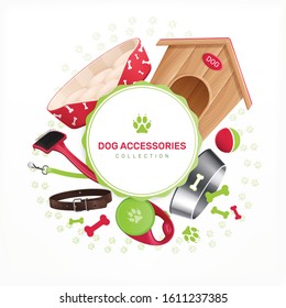 Dog accessories decorative round frame composition with kennel collar tools for grooming realistic vector illustration