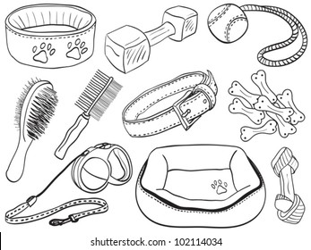 Dog accessories - pet equipment hand-drawn illustration, sketch style