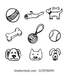 Dog accessories - pet equipment hand-drawn illustration, sketch style